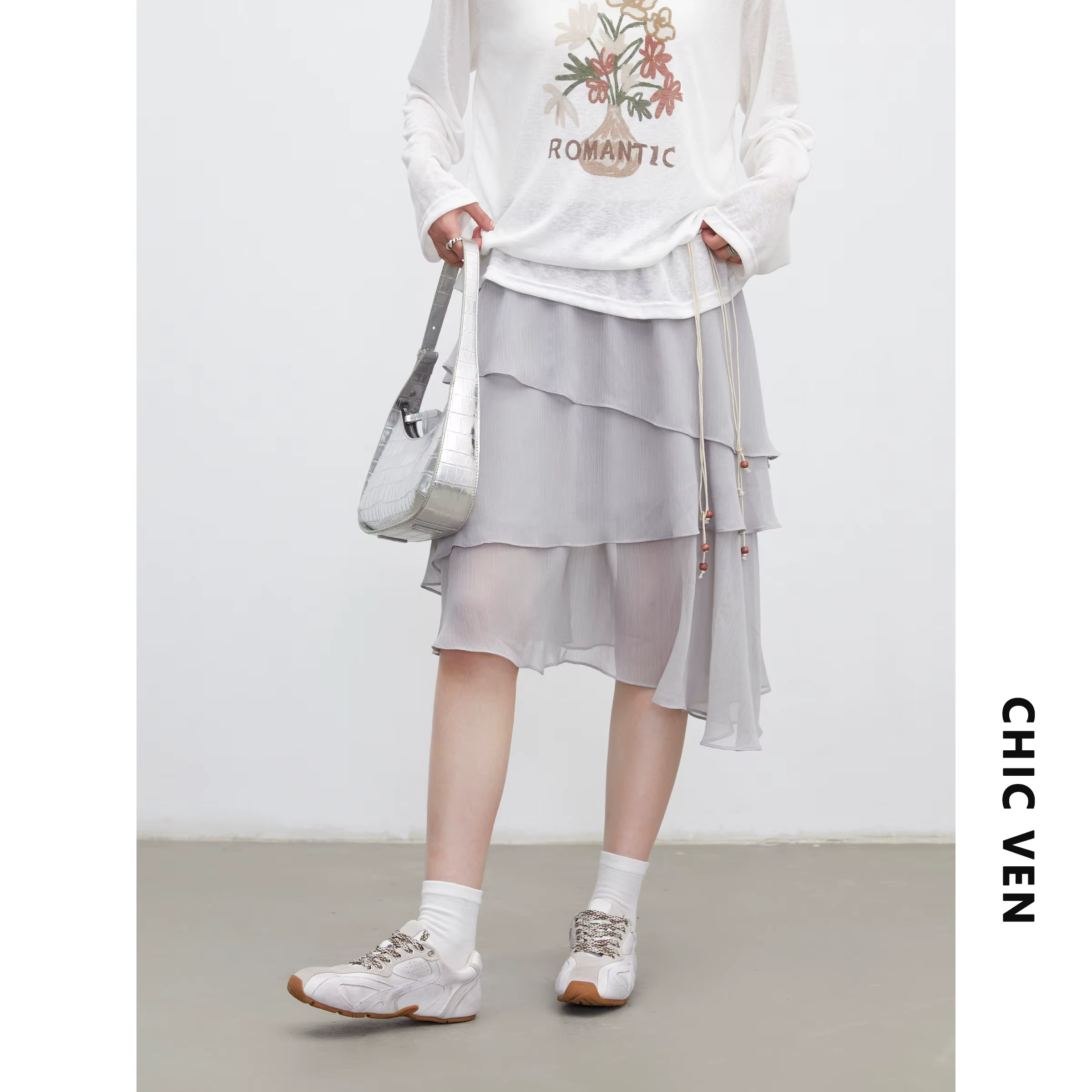 CHIC VEN Nouvelle Jupe Femme Design Innovant Taille Élastique Taille Haute Volants Irréguliers en Ch