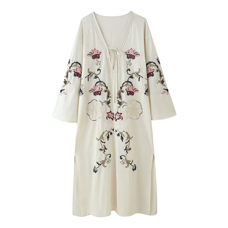 Robe Maxi brodée de fleurs pour femmes, élégante, manches longues, col en v, robe de soirée, vacance