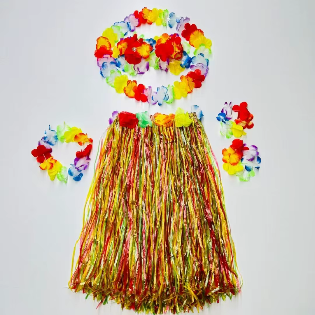 Costume de danse hawaïenne pour femmes adultes, collier de fleurs hawaïennes, bandeaux, jupe en herb