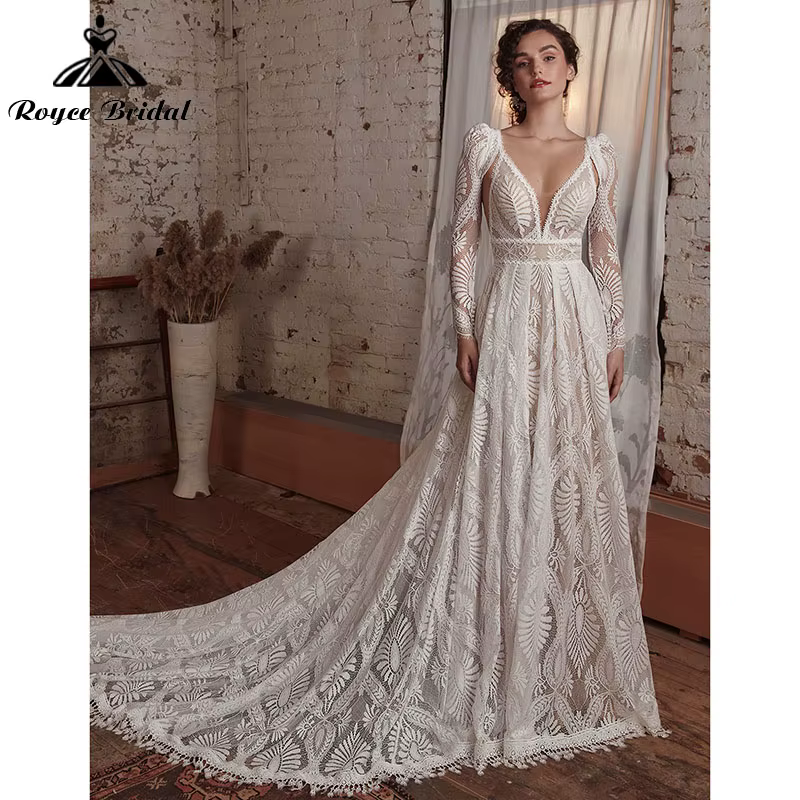 Robe de mariée bohème sexy avec poignées, manches longues amovibles, ligne A, col en V, dentelle, do