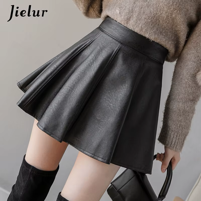 Jupe plissée Jielur en simili cuir pour femmes, élégante et polyvalente, idéale pour toutes les saisons, coupes régulières, tour de taille empire, mini longueur, polyester et simili cuir, multiple couleurs et tailles disponibles