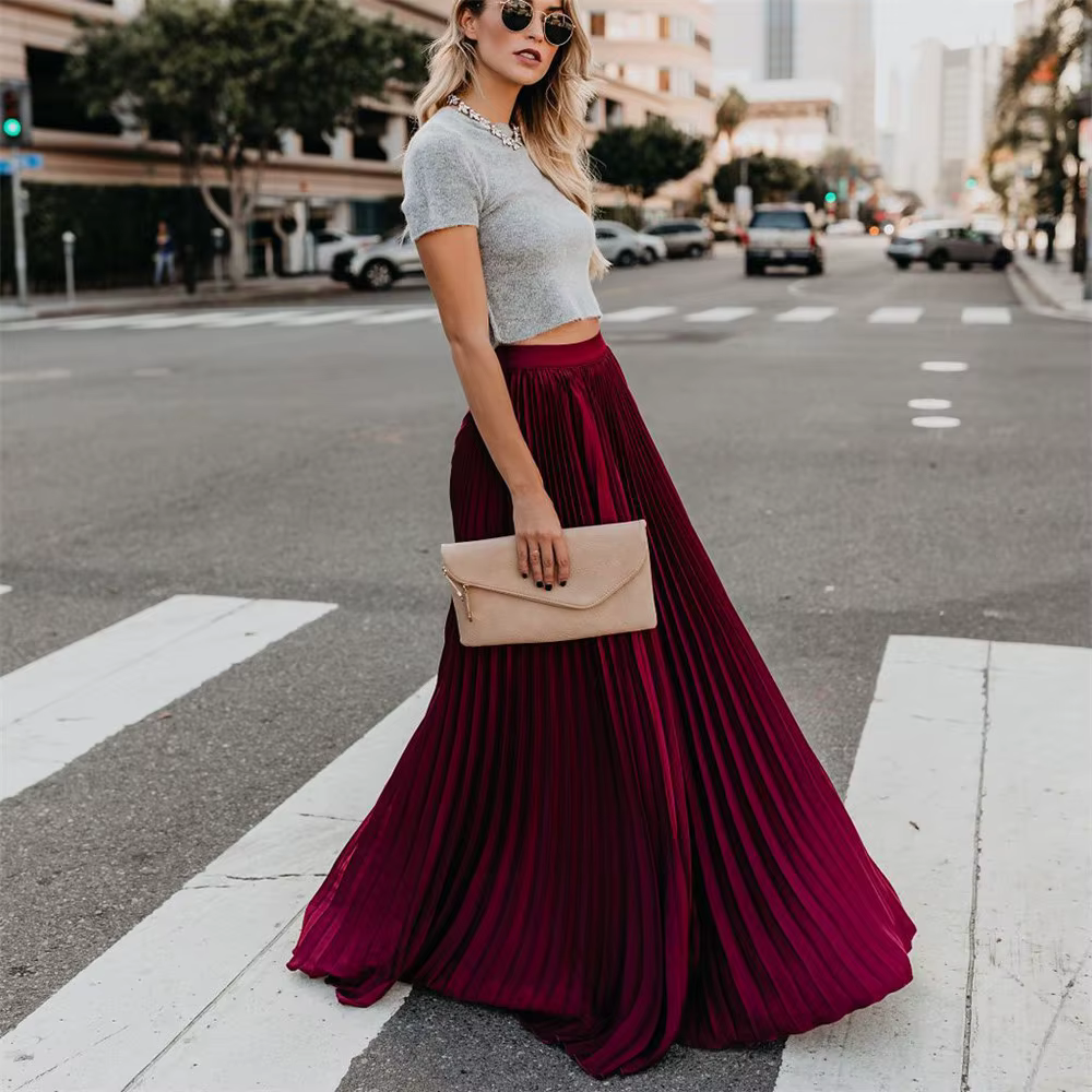 Sexy vin rouge Maxi Jupe plissée femmes mode automne hiver longues jupes plissées Style coréen