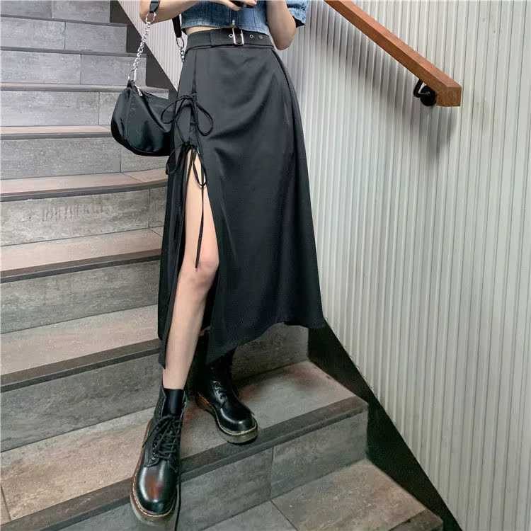 Jupes trapèze taille haute pour femmes, streetwear, nœud fendu sur le côté, rétro, sexy, irrégulier, élégant, nouveau design de mode, chaud, été
