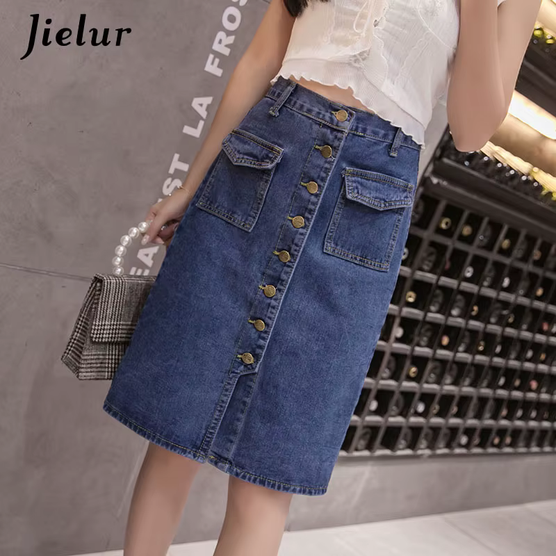 Jielur Taille Haute Denim Jupes lèvent Poches Classique Jeans Jupe pour Femmes S-5XL