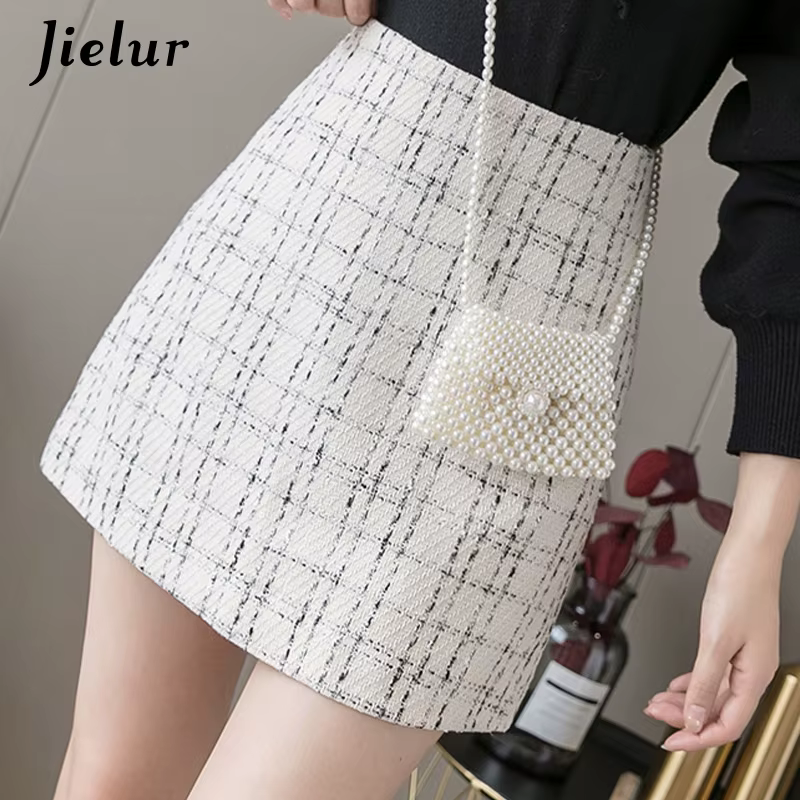 Jielur Femmes Jupe A-ligne Slim Taille Haute Fermeture Éclair Automne Hiver Noir Mini Jupes