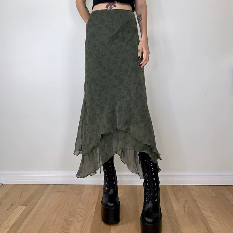 Fairycore-Jupe mi-longue en mousseline de soie à volants taille haute pour femme