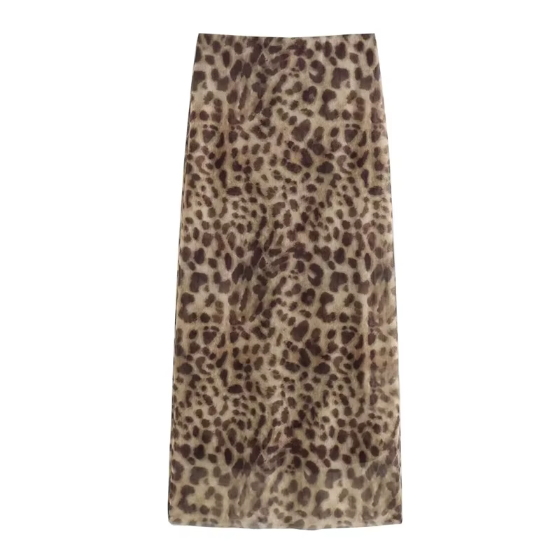MUJER imprimé léopard jupe Midi femme Tulle taille haute jupes longues pour les femmes 2025 été Vintage maille