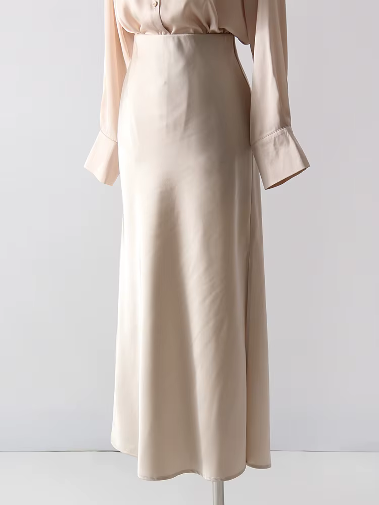 Jupe Longue Fendue en Satin Noir pour Femme Élégante Ligne A Bureau Printemps Été Occasions Spéciales Taille Empire Style Décontracté