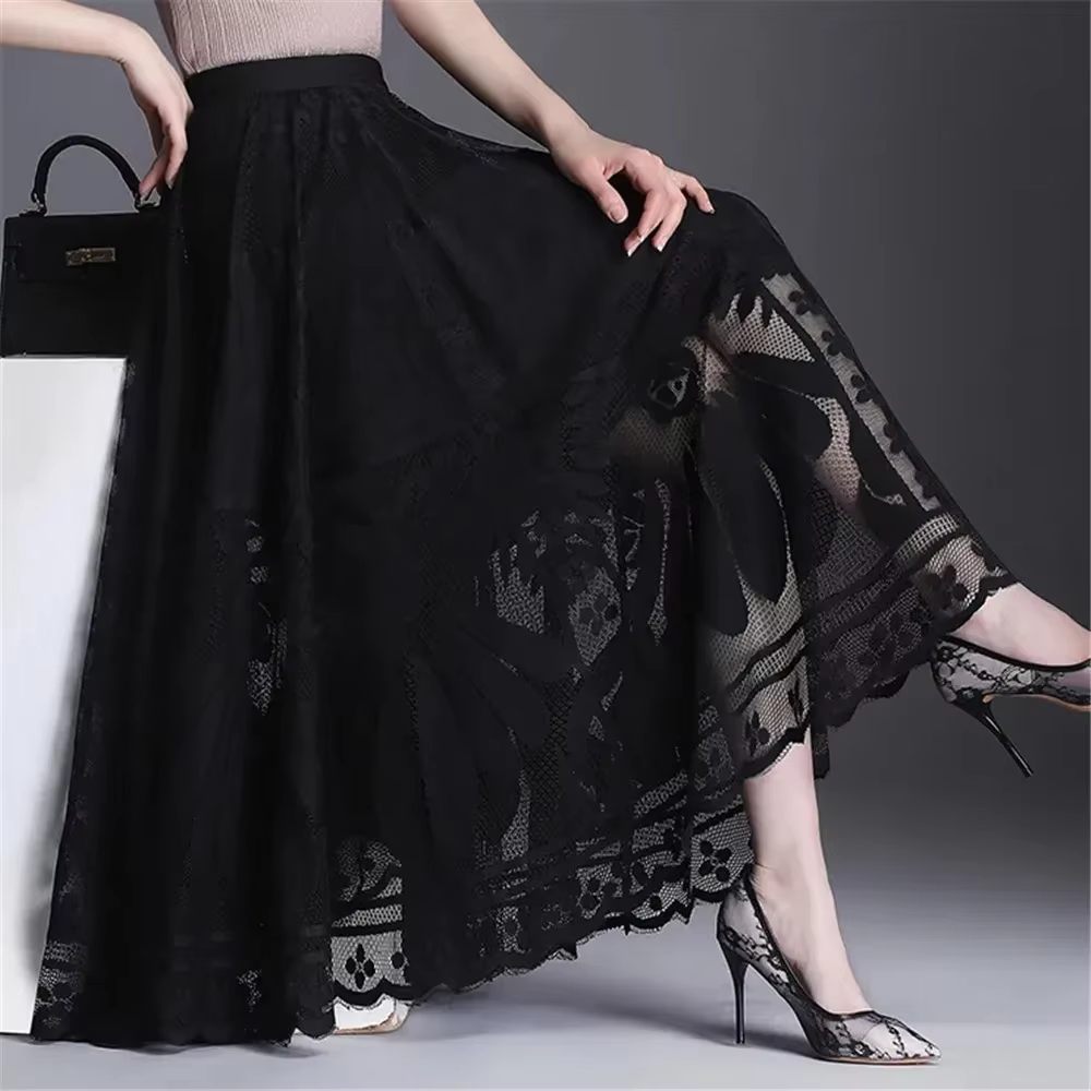 Jupe longue en dentelle taille haute pour femmes