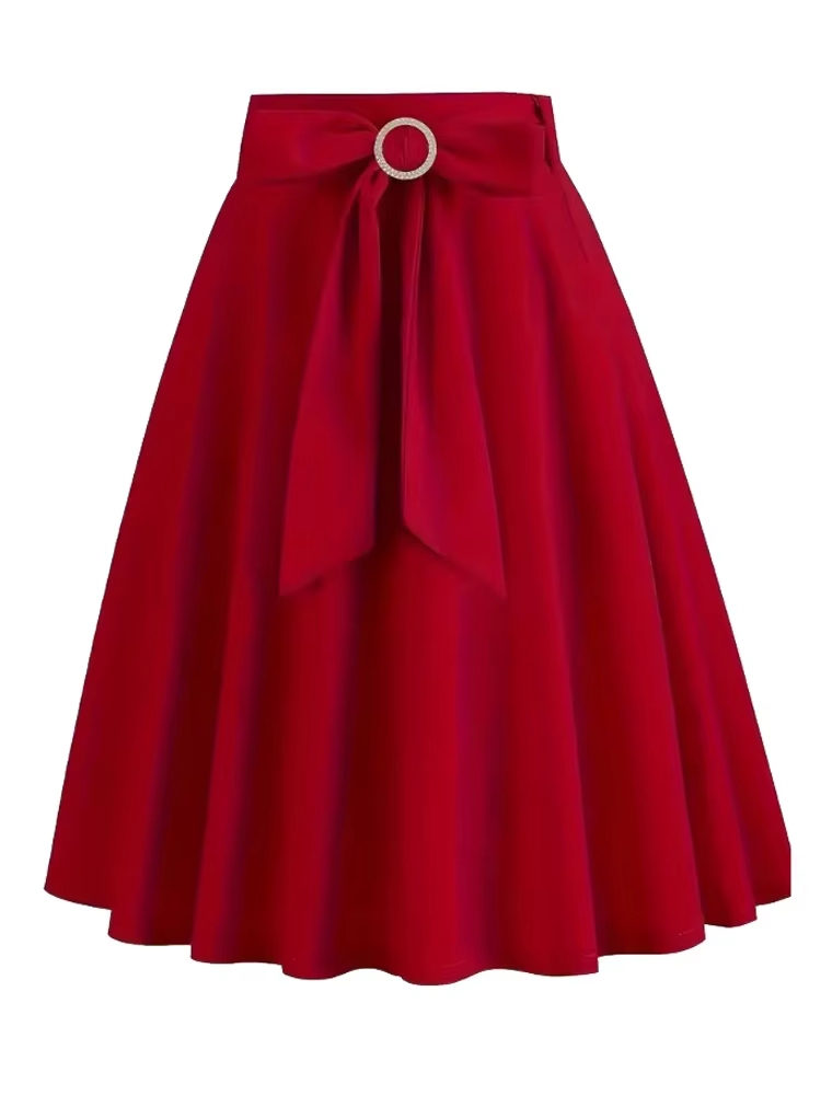 Femmes Bow Front A-Line solide rouge noir Jupe années 1950 Vintage femme vêtements 2025 été taille haute