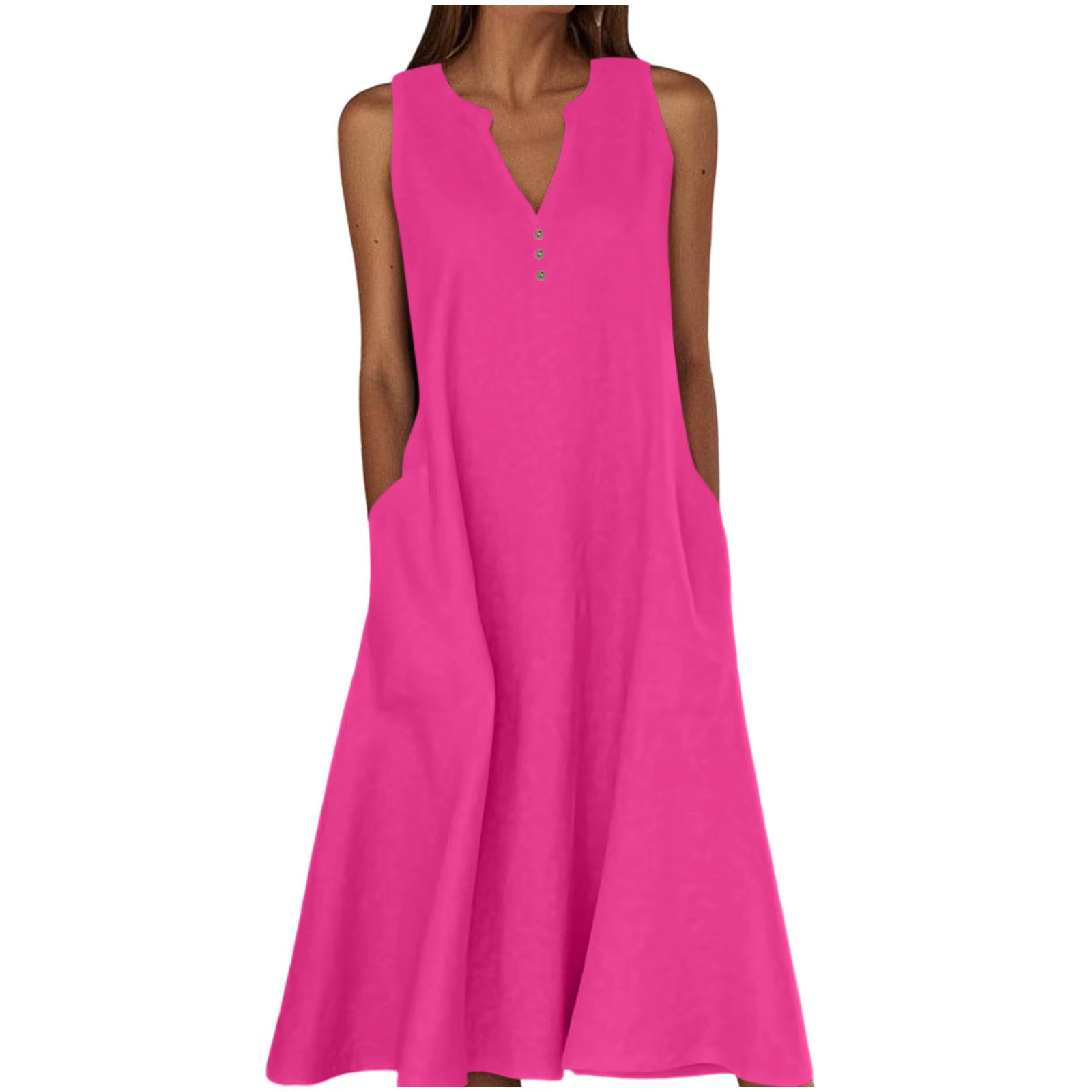 Robe sans manches en coton et lin pour femme 2026 à col en V et coupe évasée pour les occasions estivales et quotidiennes
