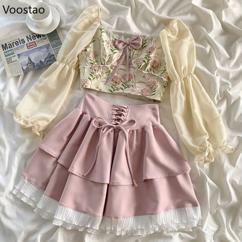 Ensemble jupe Sweet Lolita pour femme, chemisier court à manches bouffantes, mini jupe à volants roses, col carré, nœud français élégant, imbibé