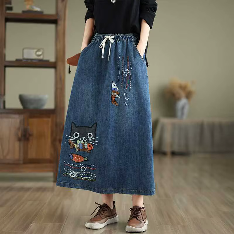 Jupe en jean Btsukimi style rétro avec broderies d'animaux pour femmes, coupe ample, mi-longue, décontractée, printemps été automne hiver