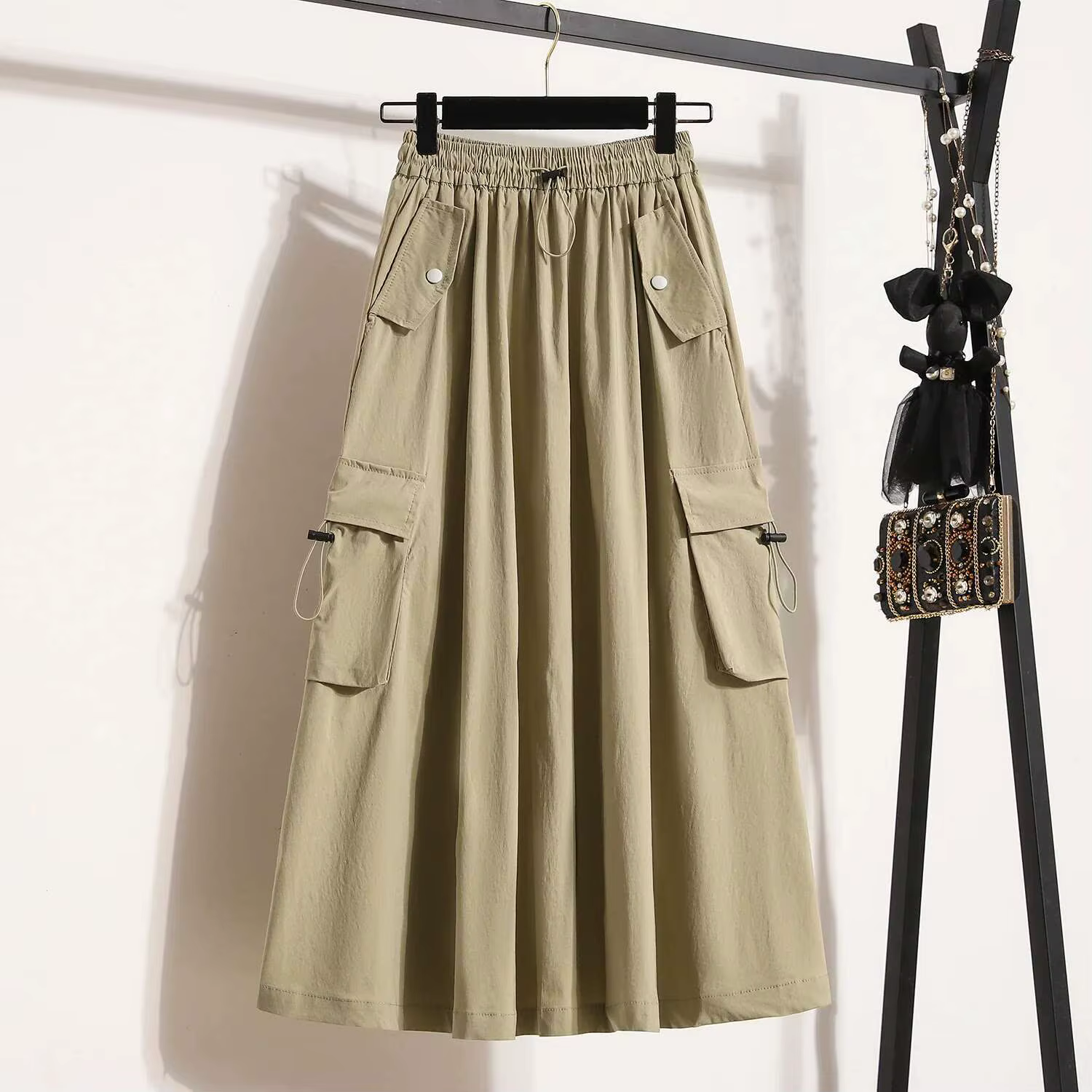 # Jupes cargo d'été 1708 pour femmes, jupes trapèze à poches latérales, jupes midi amples style streetwear, taille élastique, style français