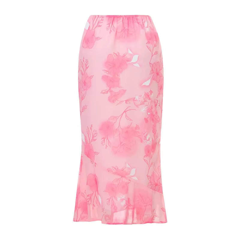 Jupe longue à fleurs taille basse en mousseline de soie hirigin pour femmes, style vintage, été et automne, facile à entretenir, adaptable à toutes les occasions ```