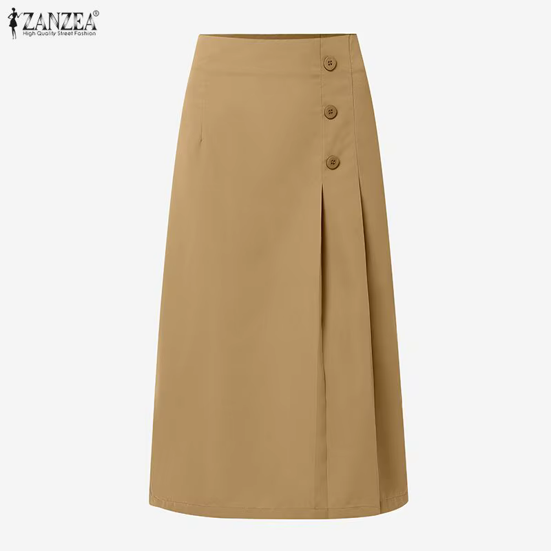 ZANZEA Jupe Midi Unie d'Été Élégante pour Femme, Taille Haute, Plissée, Style OL, pour Soirée et Travail, Grande Taille