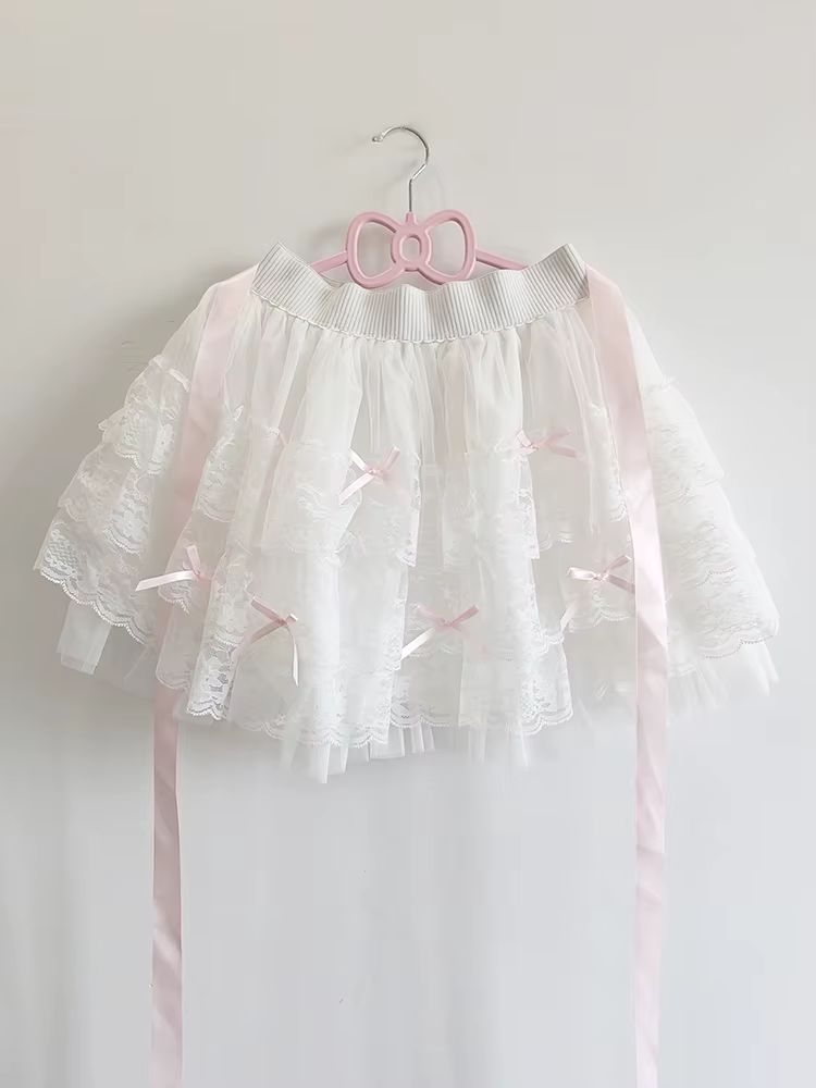Jupes en dentelle multicouches pour filles douces, rubans d'été, nœuds décoratifs, taille élastique, style Lolita, jupe blanche, vêtements Kawaii