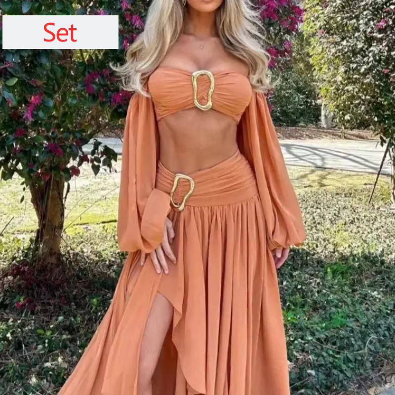 Haut court plissé et jupe fendue sexy pour femmes, style hotsweet, tenues de fête et de vacances, polyester, asymétrique, pailleté, coupe lâche