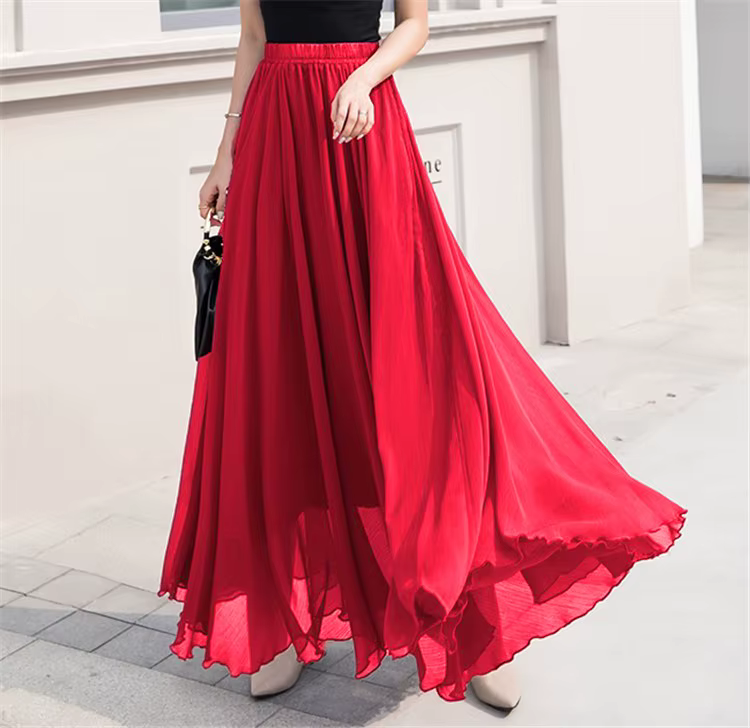 Jupe en mousseline de couleur unie pour femmes, nouvelle collection printemps-été, décontractée, ample, taille haute, taille élastique, jupe longue, Roupas Feminina