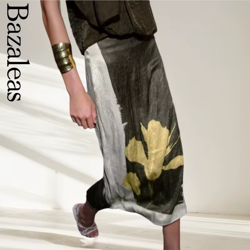 Bazaleas 2025 basique imprimé fleuri Patchwork Midi jupes rétro décontracté vert dame jupe élégante