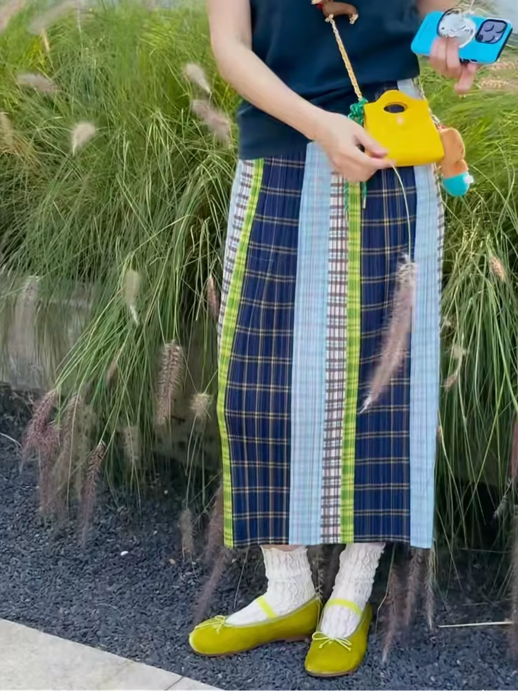 Jupe crayon plissée droite à carreaux rétro colorée et longue pour femme