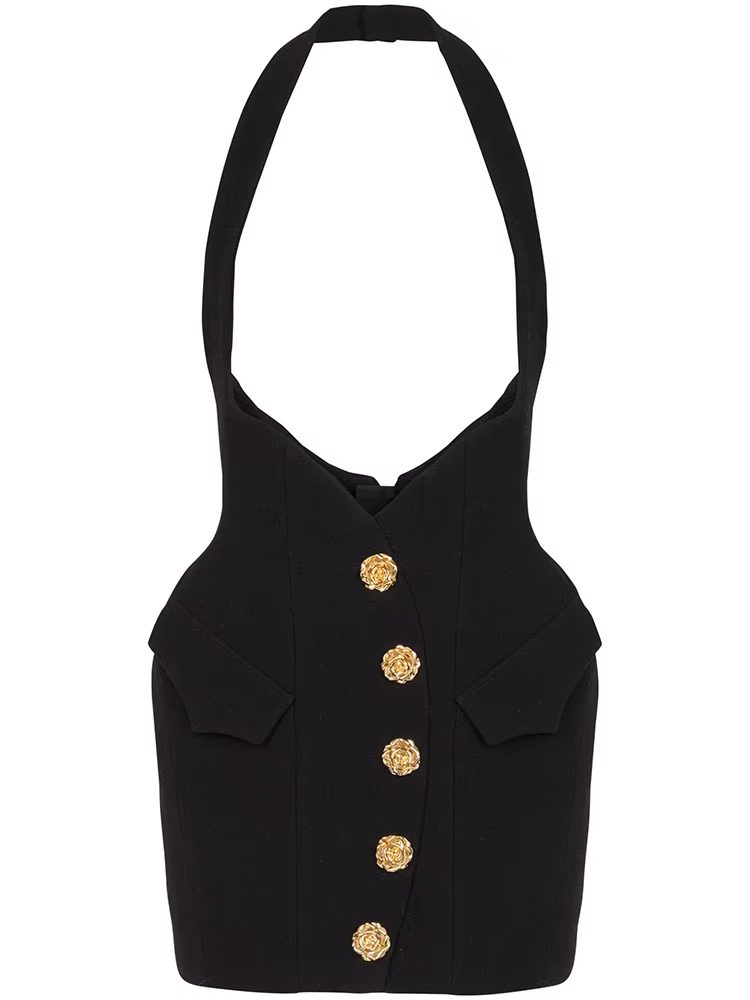 HIGH STREET Nouvelle Collection 2026 Jupe Halter Femme de Créateur avec Boutons Métalliques Rose