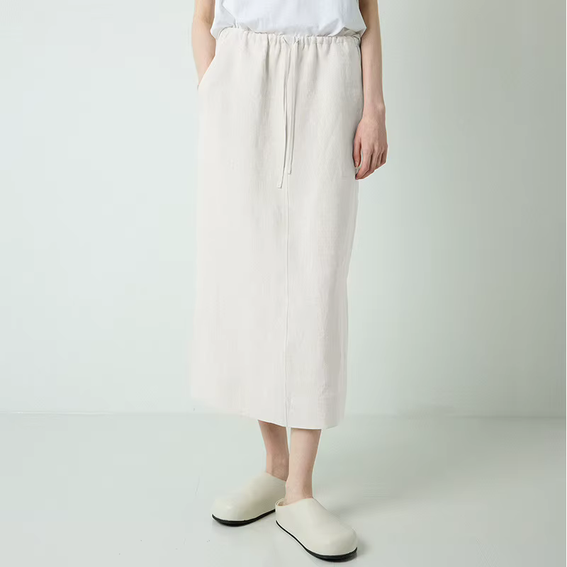 100% lin femmes cordon jupe droite printemps/été nouveauté taille élastique Simple décontracté ample femme dos fendu jupes