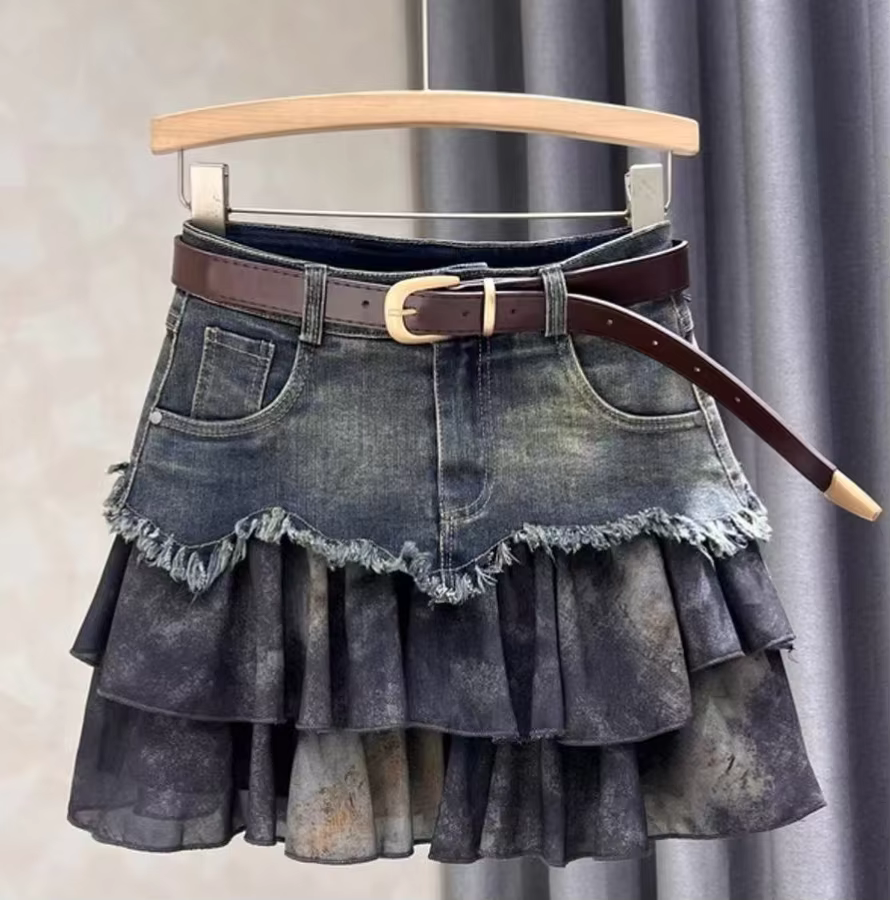 Dames jupes été nouveau personnalisé épicé fille épissé taille haute Denim a-ligne bord brut plissé jupe courte vêtements pour femmes