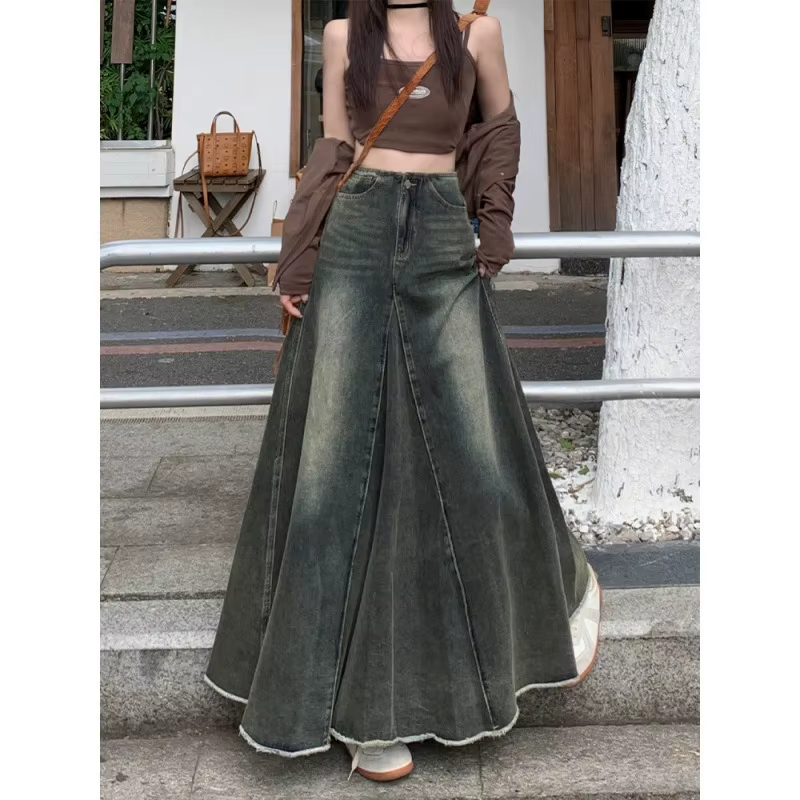 Mini-jupe en jean rétro américaine pour femme, nouvelle collection automne-hiver, taille haute, coupe ajustée, mi-longue, style A-line, jupe évasée à queue de poisson