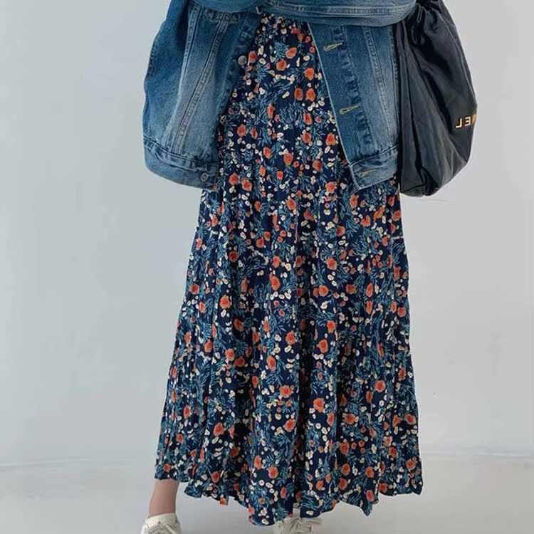 Jupe midi à imprimé floral bleu pour femme