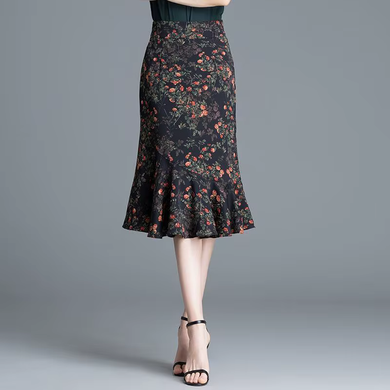 Jupe mi-longue sirène à imprimé floral pour femme