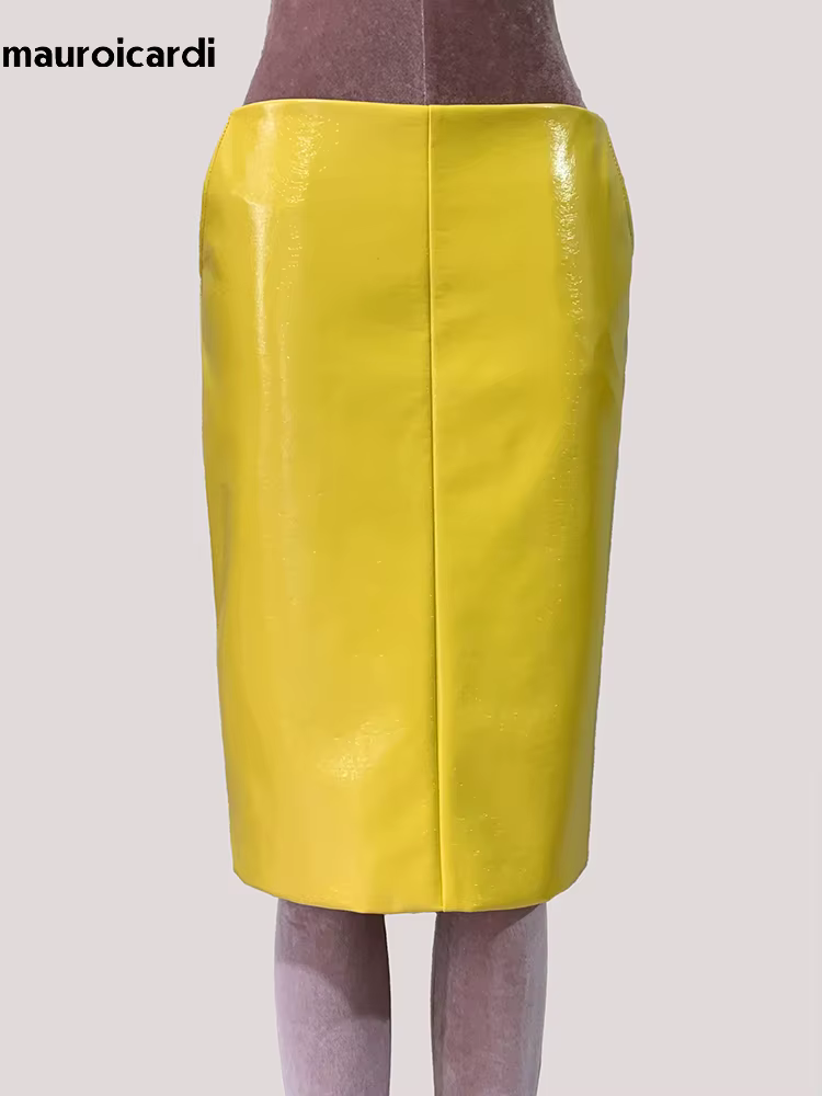 Mauroic printemps été brillant réfléchissant jaune vif Faux cuir jupe crayon femmes avec fente arrière taille haute nouveautés 2025