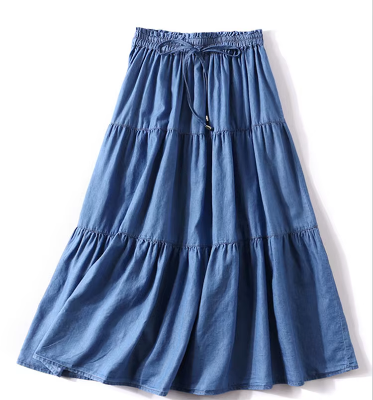 Jupe longue taille haute à volants en denim pour femmes