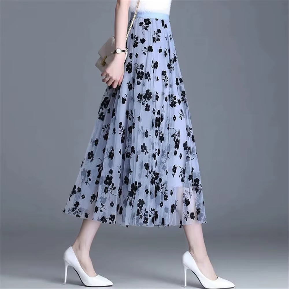 Maille jupe florale femmes 2023 printemps été automne longue gaze