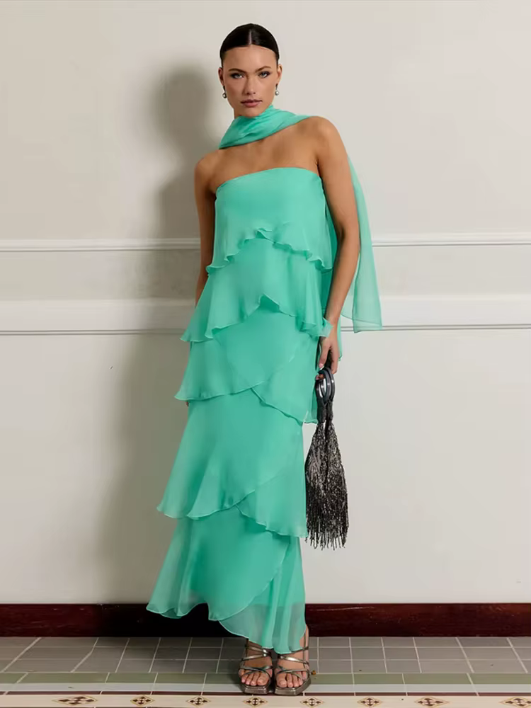 Robes longues sans bretelles à volants en cascade pour femmes