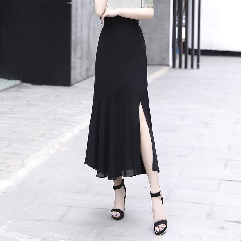 Jupe femme taille haute en mousseline de soie avec fente jupes