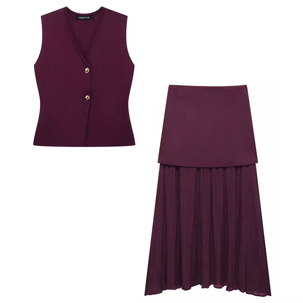 HH 2025 femmes jupe ensemble vin rouge tricoté col en v sans manches mince gilet + solide taille haute fermeture éclair