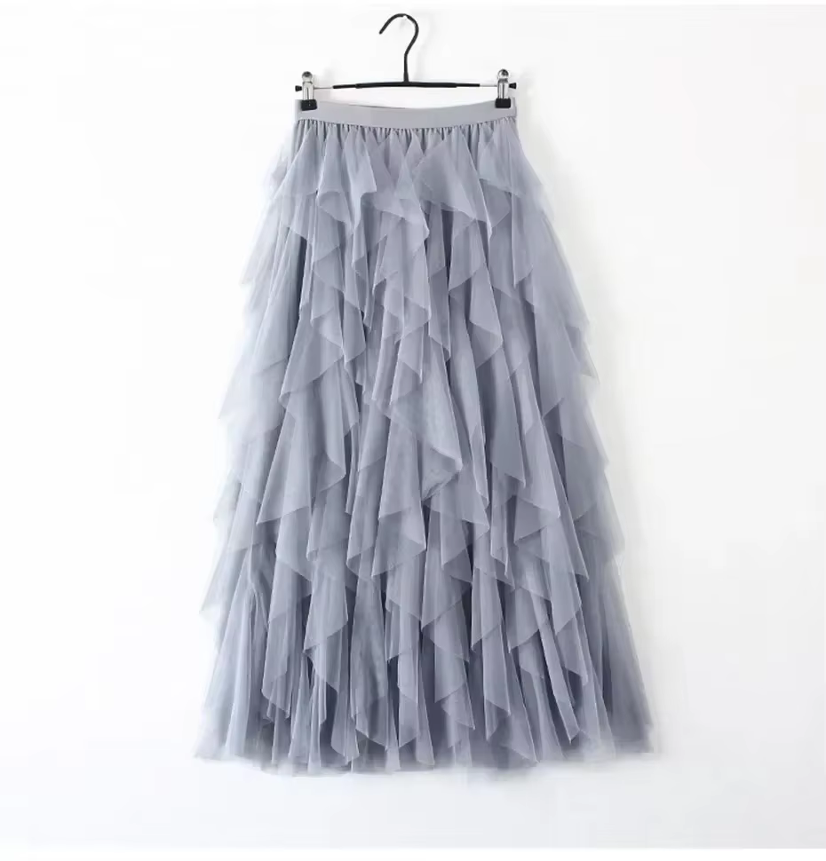 Jupe longue plissée en tulle et gaze à taille haute pour femme