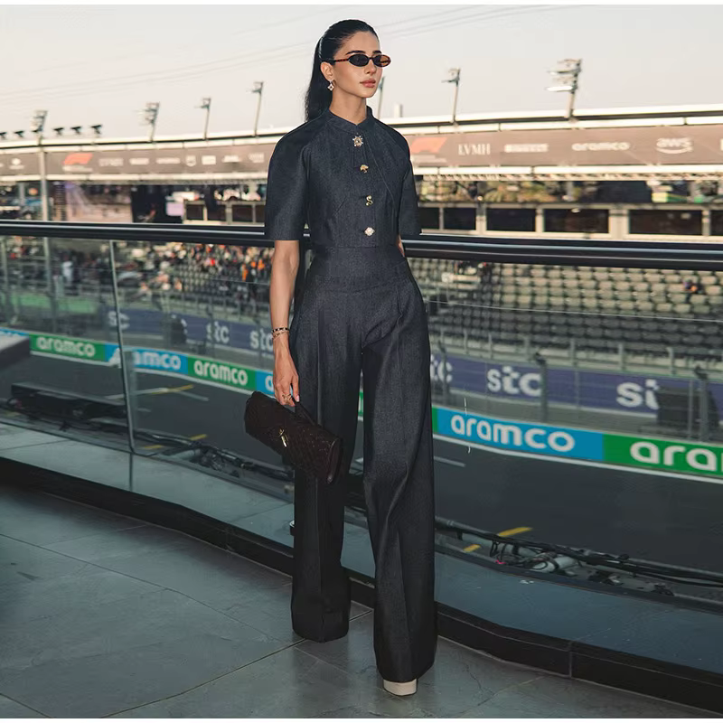 Ensemble tailleur-pantalon en jean pour femme, veste à manches mi-longues boutonnée et pantalon taille haute ample, élégant et chic