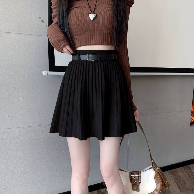 Jupe plissée tricotée pour femme junior automne hiver couleur unie style préppy silhouette une ligne tricoté matière coton polyvalente occassions spéciales