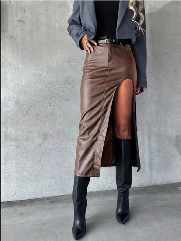 Jupe mi-longue en cuir Pu pour femmes