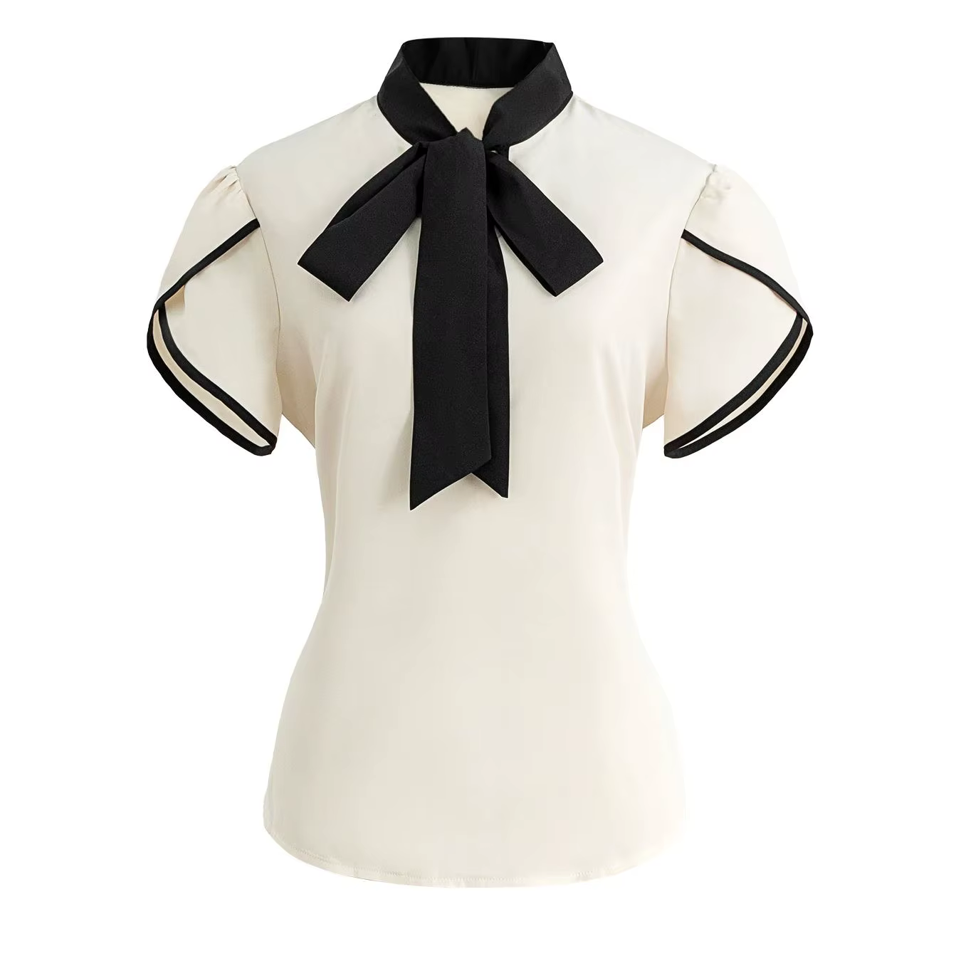 Chemisier Chic Basique Femme Printemps-Été Blanc Crème Noir Col Nœud Papillon Manches Courtes Bouffantes Élégant pour la Saint-Valentin Tenue de Bureau