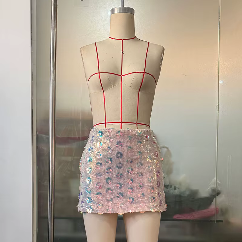 Jupe mini rose à sequins froncée moulante taille haute pour femme – Jupes ajustées brillantes pour le printemps