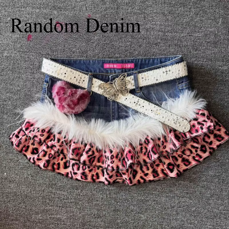Mini-jupe Y2K Léopard en Denim Patchwork Style Vintage Américain Années 2000 Sexy Subculture Harajuku Streetwear Polyester Occasions Spéciales