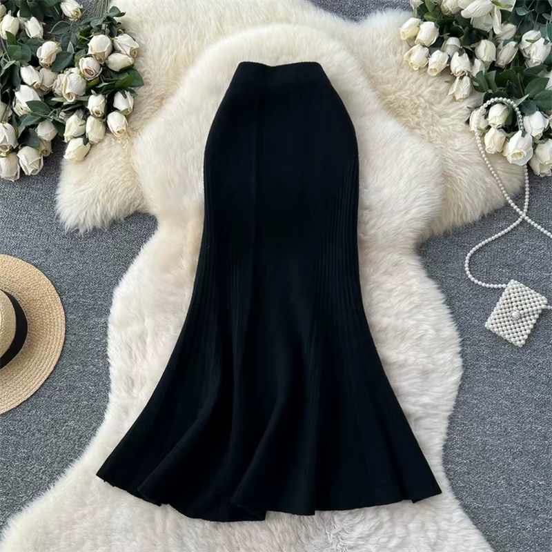 Jupe longue plissée en maille côtelée pour femme, taille haute élastique, coupe trapèze fluide, couleur unie, style coréen, décontractée, pour l'hiver