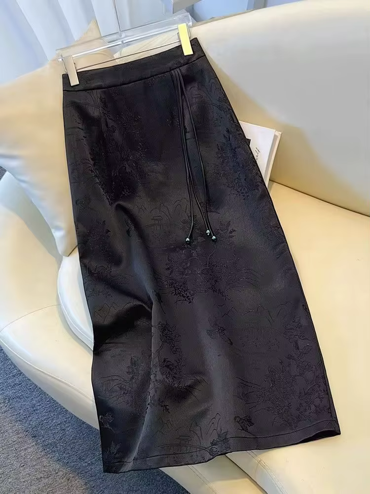 2025 nouvelle jupe Jacquard Vintage pour les femmes printemps saison moulante fente latérale disque boutonné décontracté Chic femme mode jupe femmes