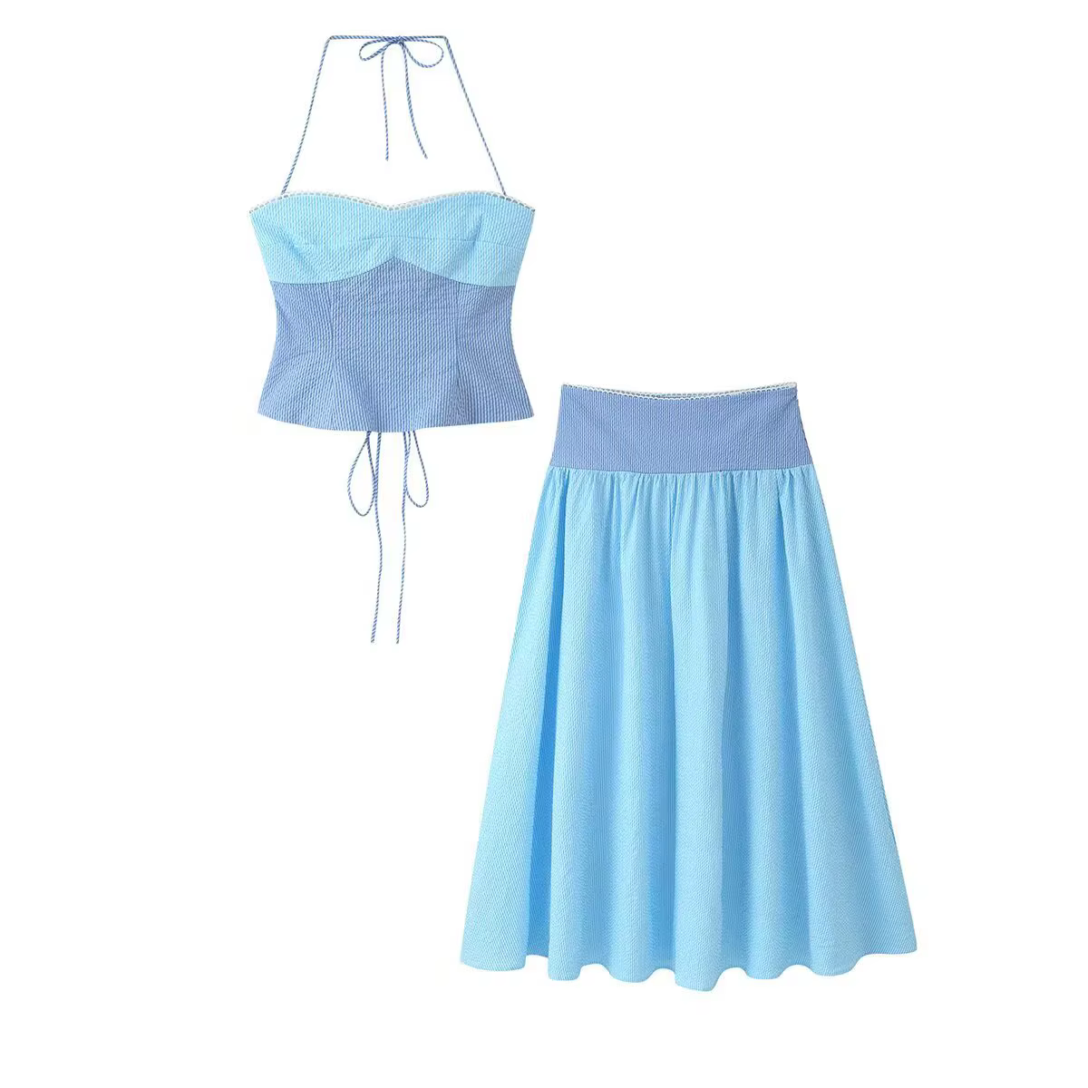 Ensemble chic rayé jupe et haut pour femme débardeur halter sans manches slim jupe longue tenue de plage vacances d'été 2026