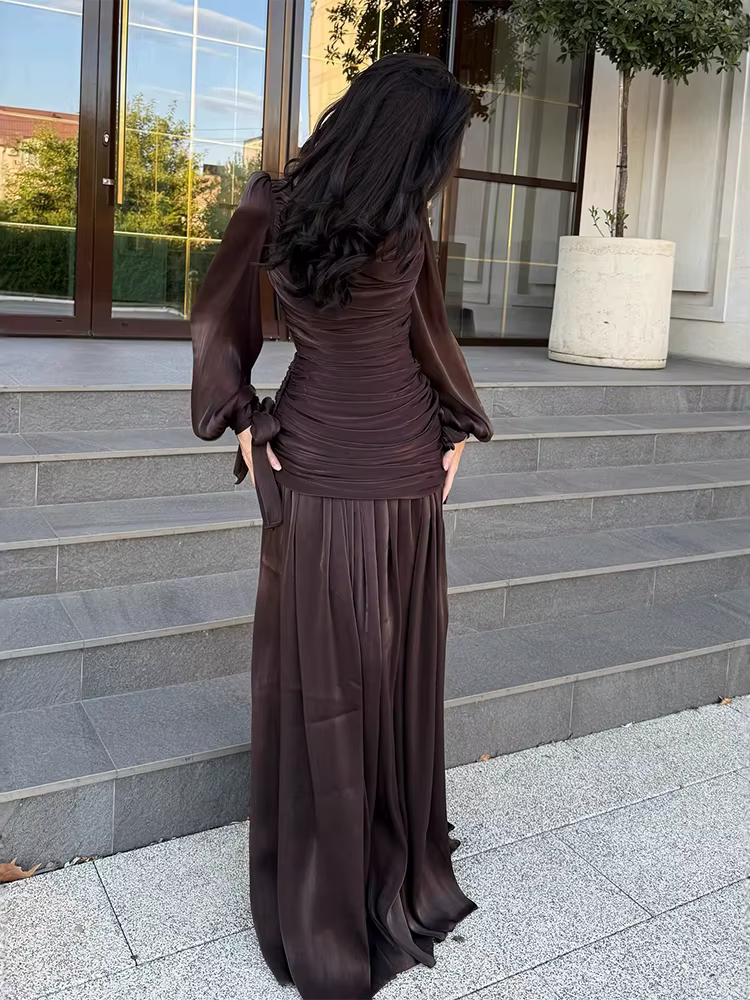 Robe longue unie drapée pour femme, collection 2026, décontractée, pour le quotidien, avec taille ajustée, élégante, col rond, manches longues, pour soirée