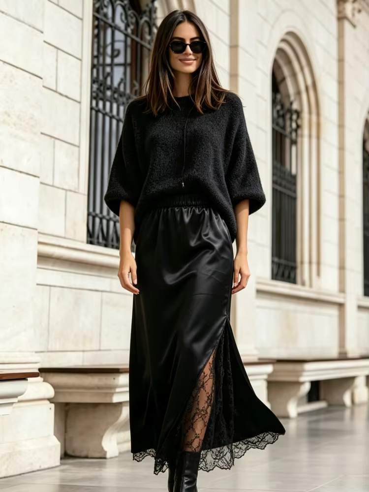 Jupe midi pour femmes, noire, en dentelle, avec fente latérale, longue, taille élastique, élégante, pour le streetwear, le bureau, les soirées et le quotidien.
