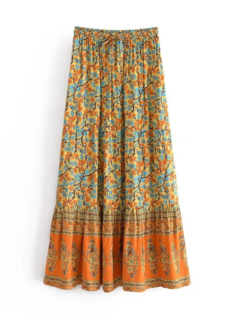 Vintage Chic Hippie femmes jaune imprimé fleuri plage bohème jupe haute taille élastique rayonne coton a-ligne Boho Maxi